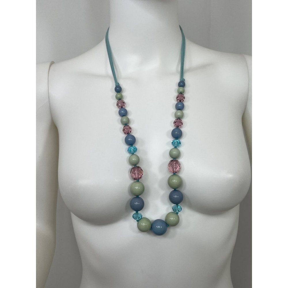 Vintage Women’s Fashion Beaded Necklace 30” Blue, Green, Double Strand  Suede